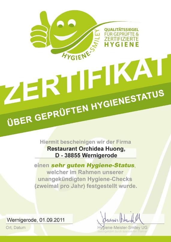 Hygiene-Smiley Zertifizierung für das Restaurant Orchidea-Huong in Wernigerode